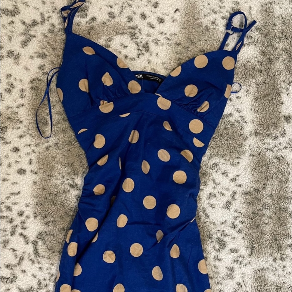Zara polka dot linen midi dress - Picture 2 of 5